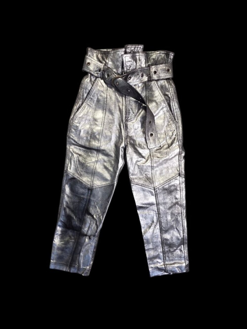 Marissa Webb Metallic Silver Leather Belted Trousers High Waist Pants Cuffed, 4